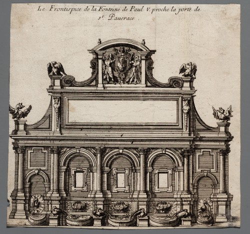 Ornamentprent. Le Frontispice de la Fonteine de Paul V.